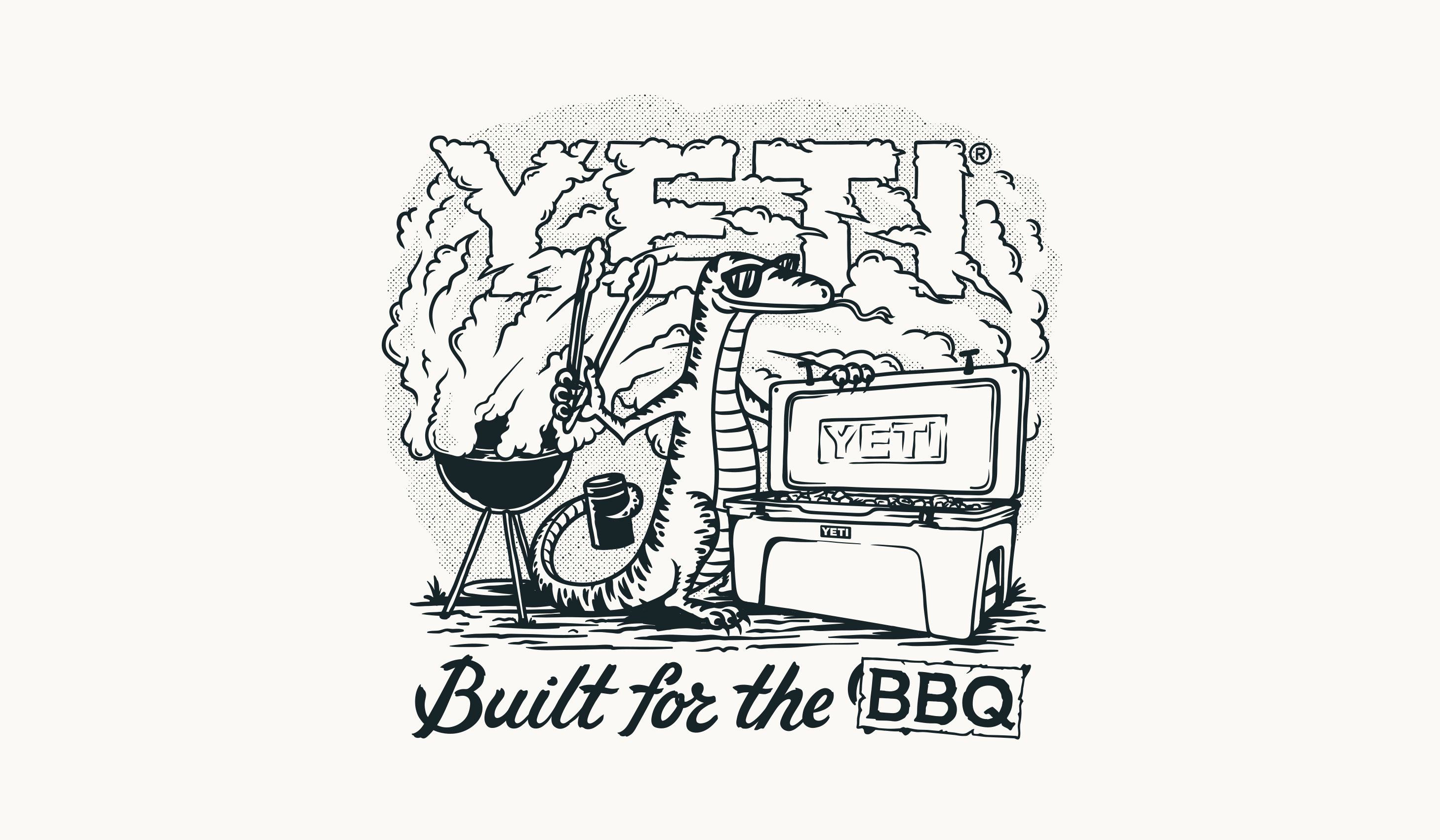 An illustrated graphic where a lizard reaches into the esky while the BBQ smokes in the background. The smoke spells 'YETI'.