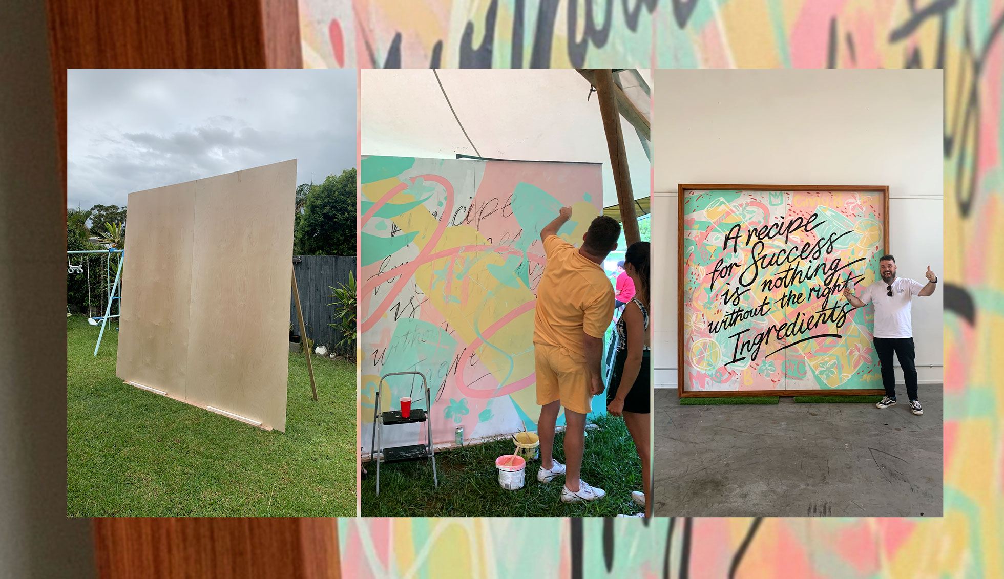 Three images depicting the process of creating Mr Consistent's custom mural art