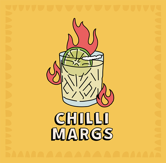 An illustrated margarita, on fire, on a yellow background